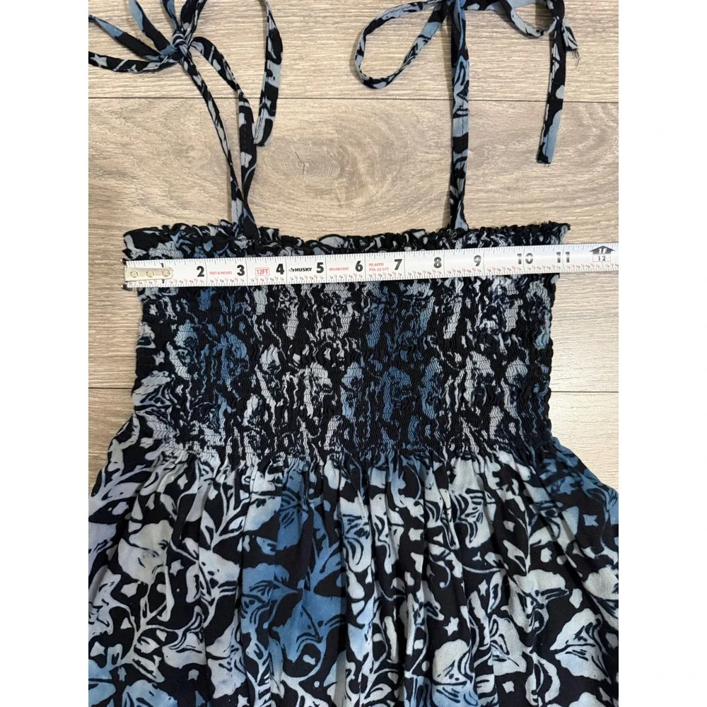 Girls Dress M Blue Black Floral Batik Smocked Tie Shoulder Summer Sun Festival